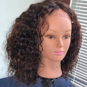 Dark brown deep wave wig with highlights